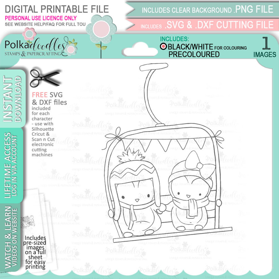 Cable Car ski lift Theo Penguin digital stamp - printable clipart for cardmaking, craft, scrapbooking & stickers